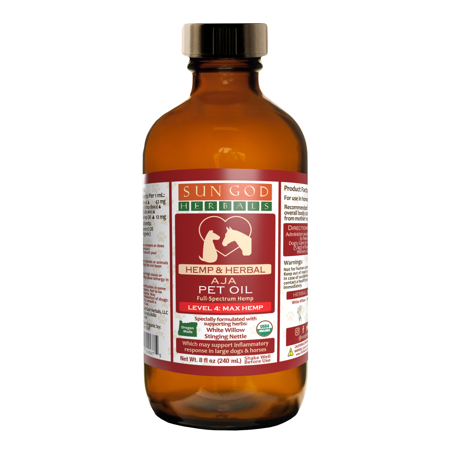Organic Aja Body Relief Hemp Pet Oil-Level 4 Hemp: for Horses and Large Dogs